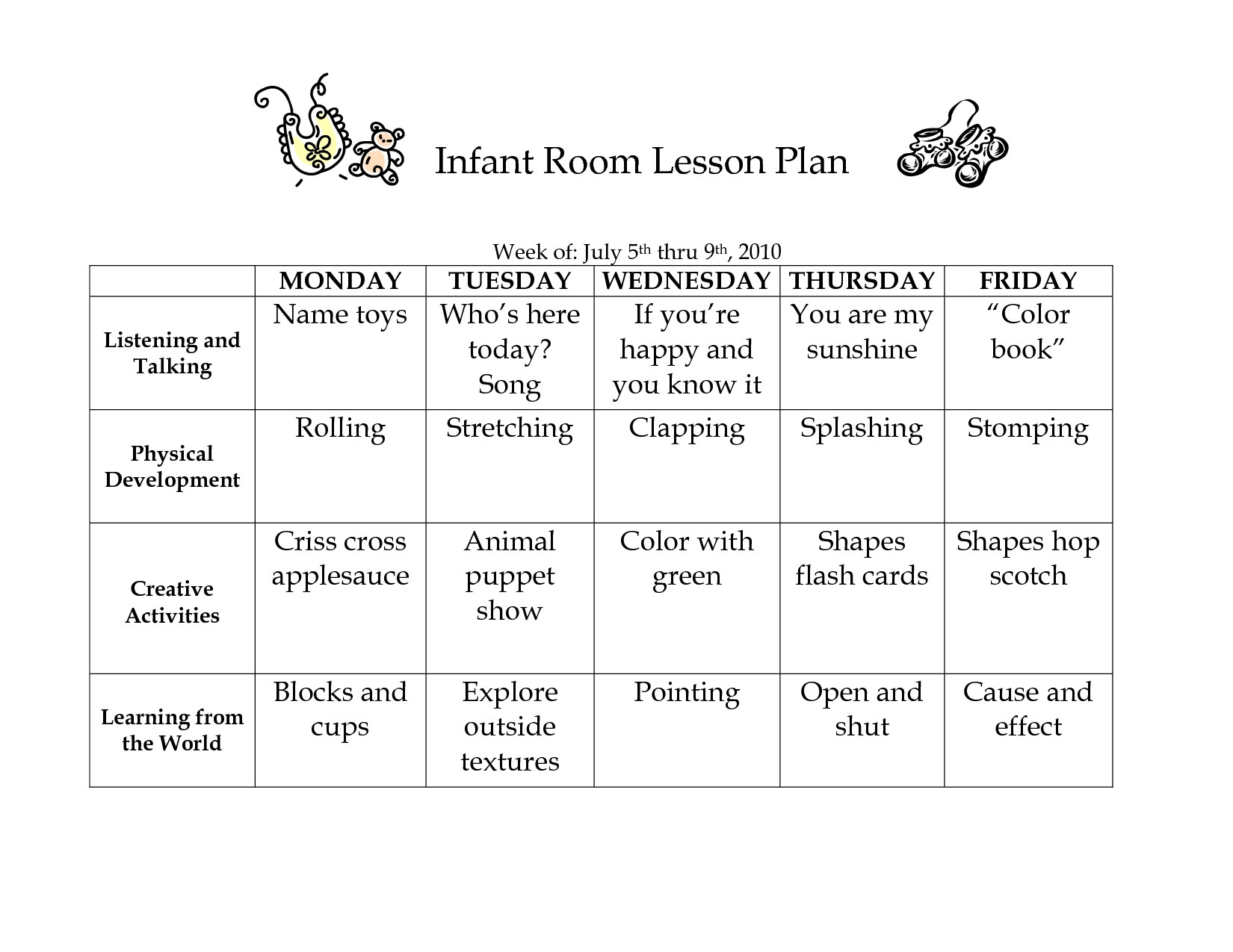 Infant Lesson Plans for Daycare Printable Template Childcare Lesson Plan 2020