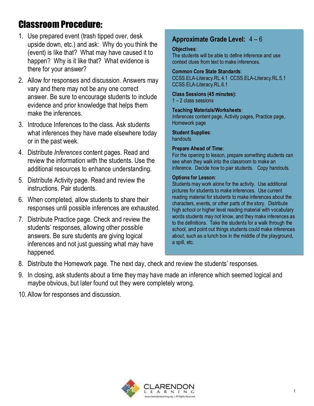 Inference Lesson Plan Inferences Lesson Plan