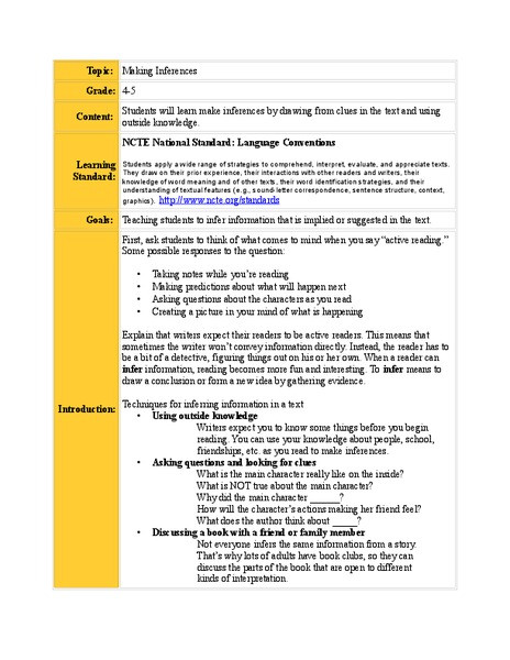Inference Lesson Plan Making Inferences Lesson Plan for 4th 5th Grade