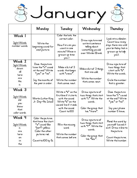January Lesson Plans for Preschool January Daily Activities Lesson Plan for Kindergarten