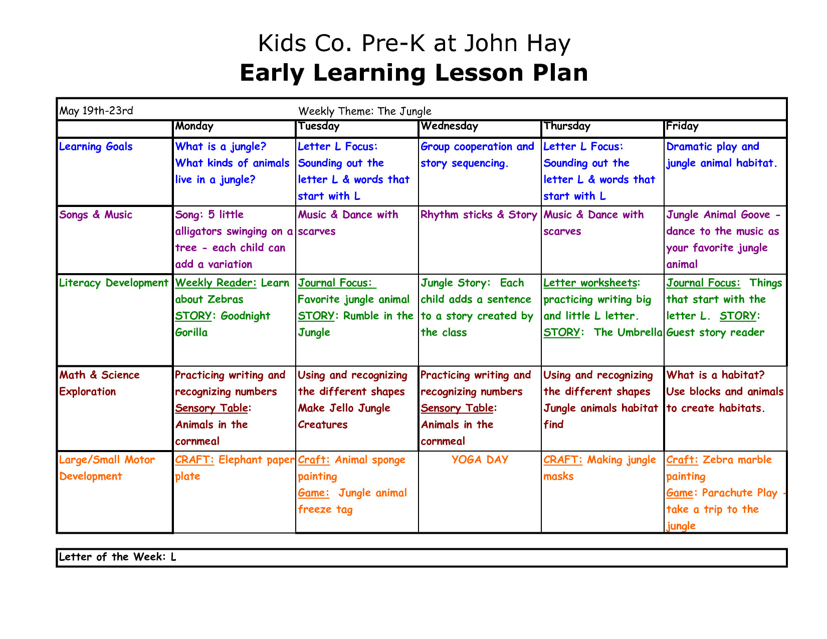 Example Of A Lesson Plan For Kindergarten