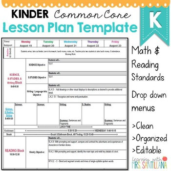 Kindergarten mon Core Lesson Plan Template