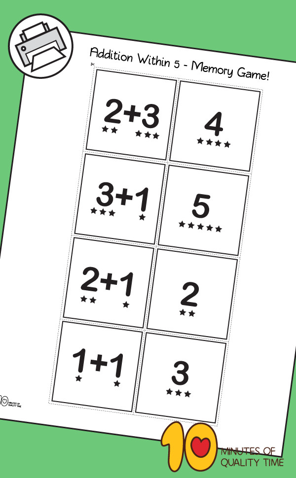 Kindergarten Math Lesson Plans Addition within 5 Memory Game
