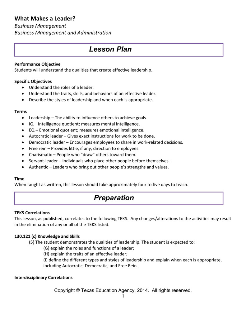 Leadership Lesson Plans Lesson Plan What Makes A Leader Business Management