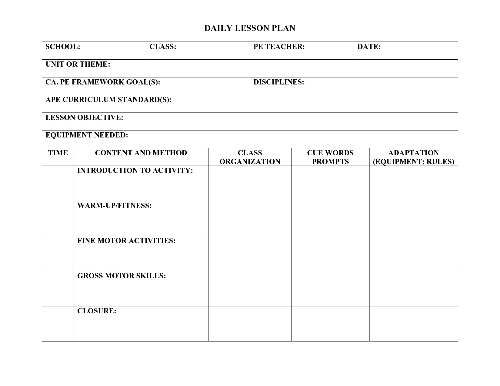 Lesson Plan Activities Daily Lesson Plan Template