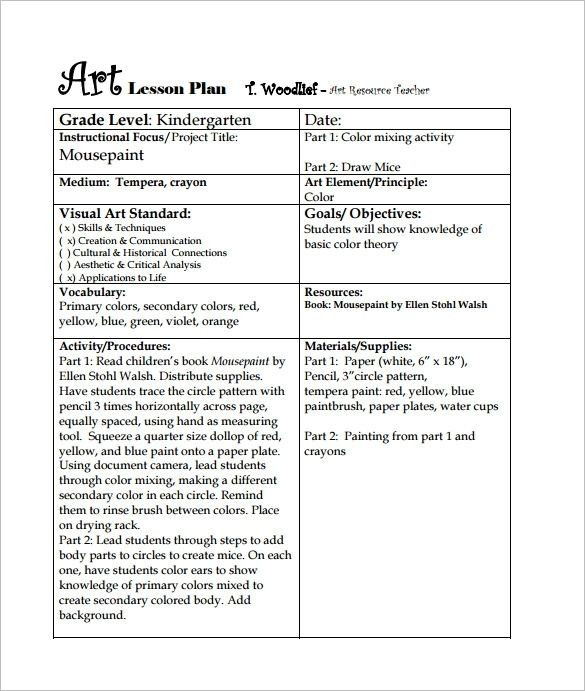 Lesson Plan for Art Teacher Art Lesson Plan Template 3 Free Word Pdf Documents