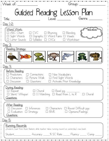 Lesson Plan for Kindergarten Reading Guided Reading Lesson Plan Templates