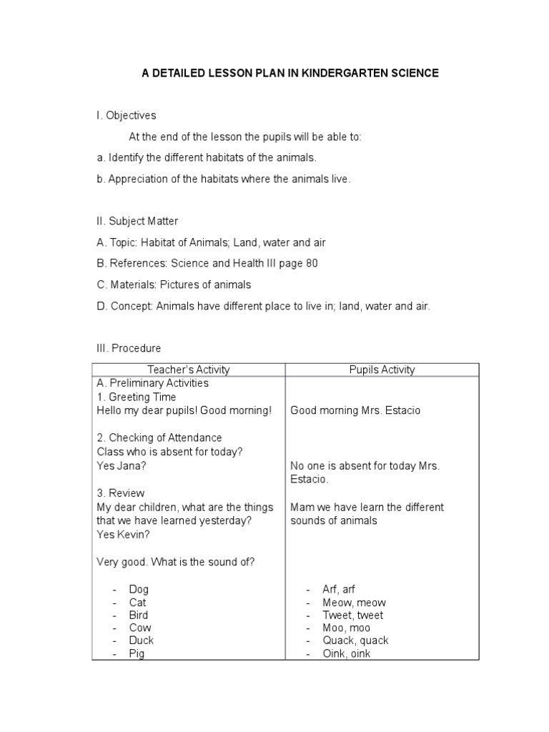 Lesson Plan for Kindergarten Science A Detailed Lesson Plan In Kindergarten Science