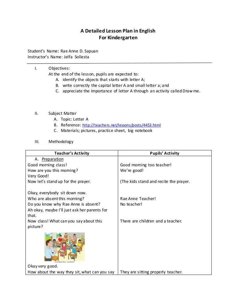 Lesson Plan for Kindergarten Science Detailed Lesson Plan In English for Kindergarten