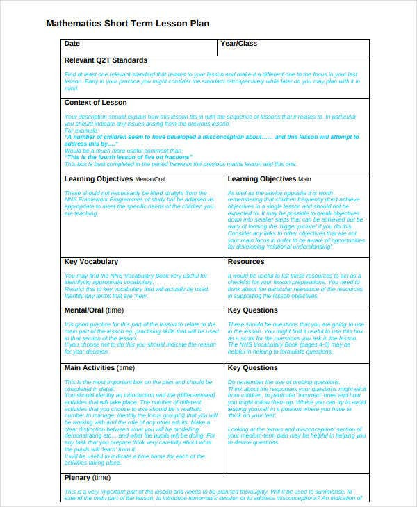 Lesson Plan for Maths 7 Math Lesson Plan Template Free Pdf Word format