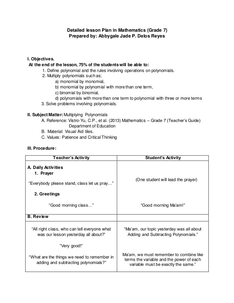 Lesson Plan for Maths Detailed Lesson Plan In Mathematics