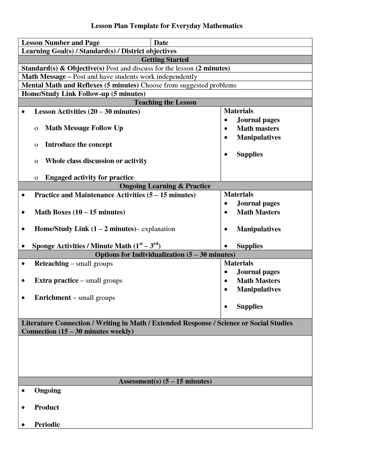 Lesson Plan for Maths Everyday Math Lesson Plan Template