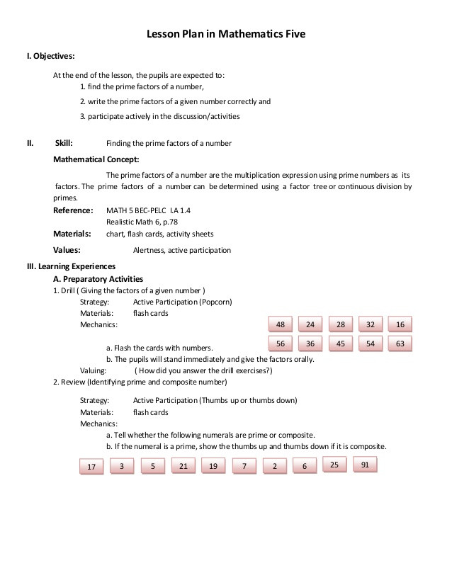 Lesson Plan for Maths Lesson Plan In Elementary Mathematics Five