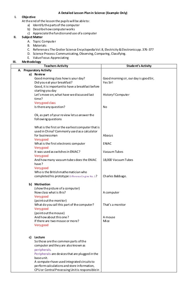 Lesson Plan for Science A Detailed Lesson Plan In Science
