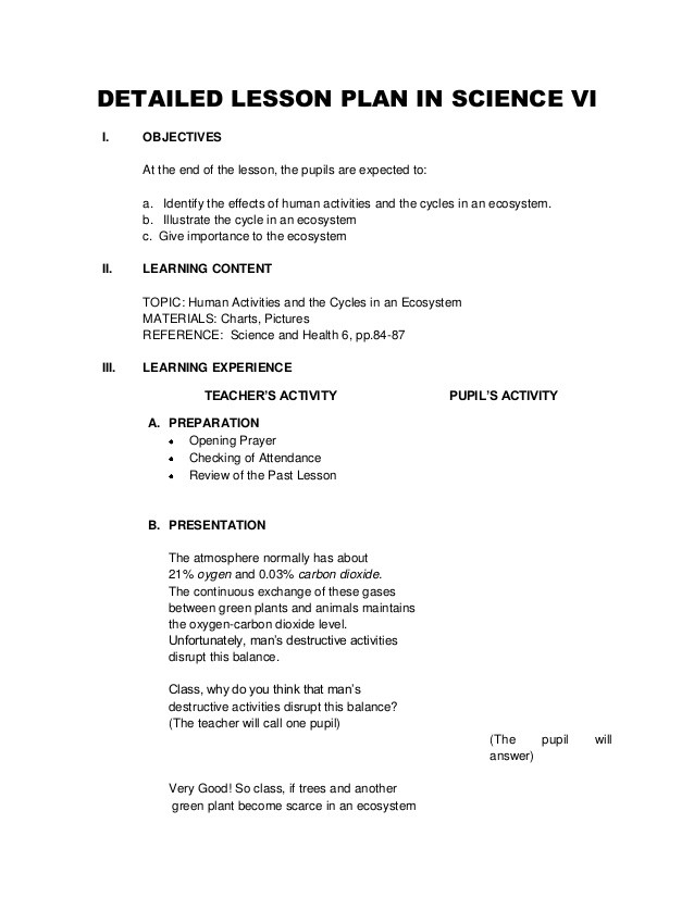 Lesson Plan for Science Detailed Lesson Plan In Science Vi