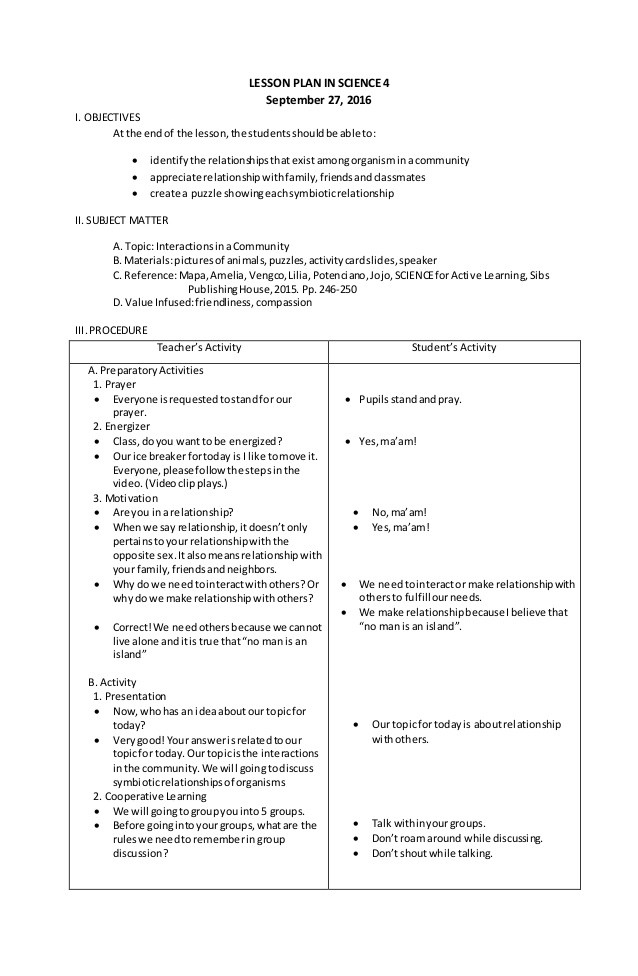 Lesson Plan for Science Detailed Lesson Plan Science