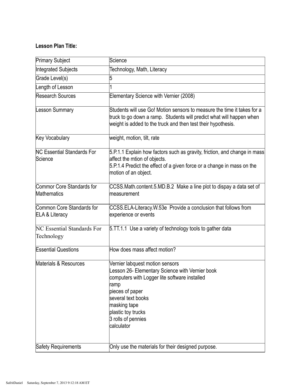 Lesson Plan for Science Lesson Plan Title Primary Subject Science Integrated Subjects