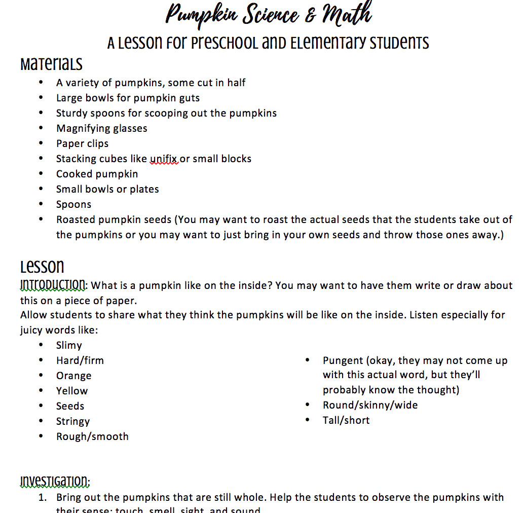 Lesson Plan for Science Pumpkin Science Lesson Plan for Preschool Kindergarten
