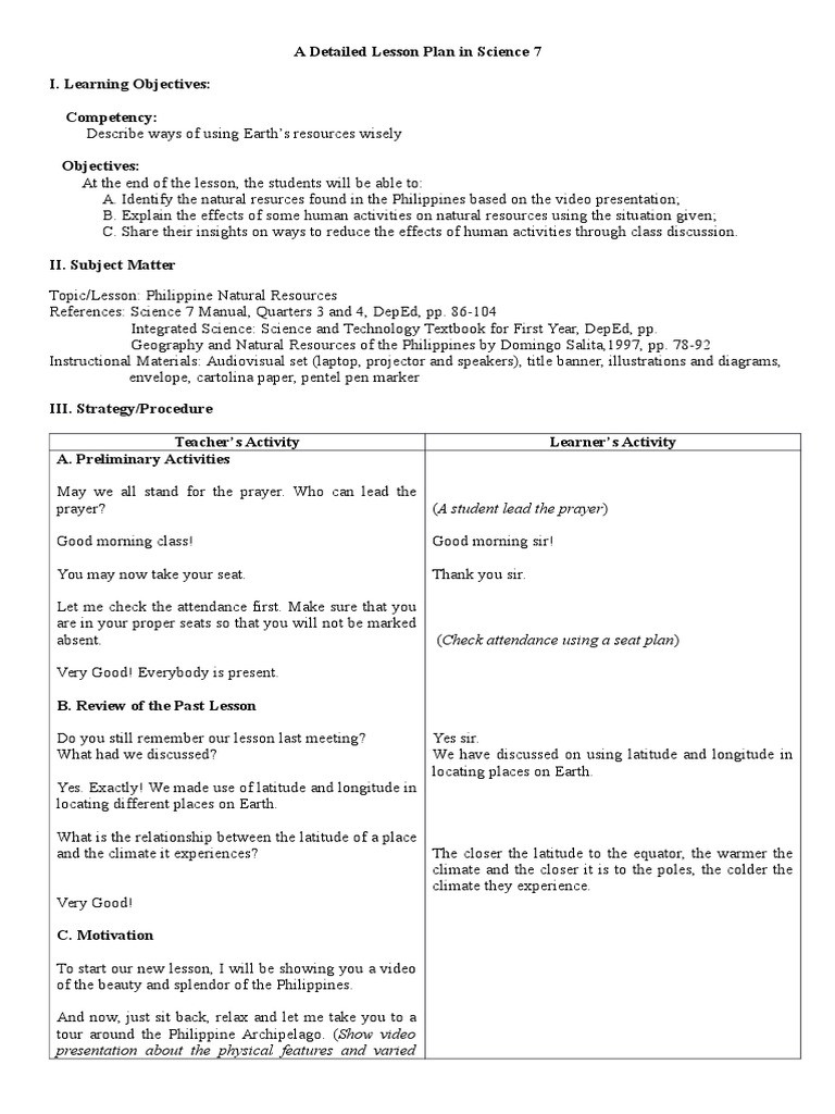 Lesson Plan for Science Sample Lesson Plan In Science Grade Vii