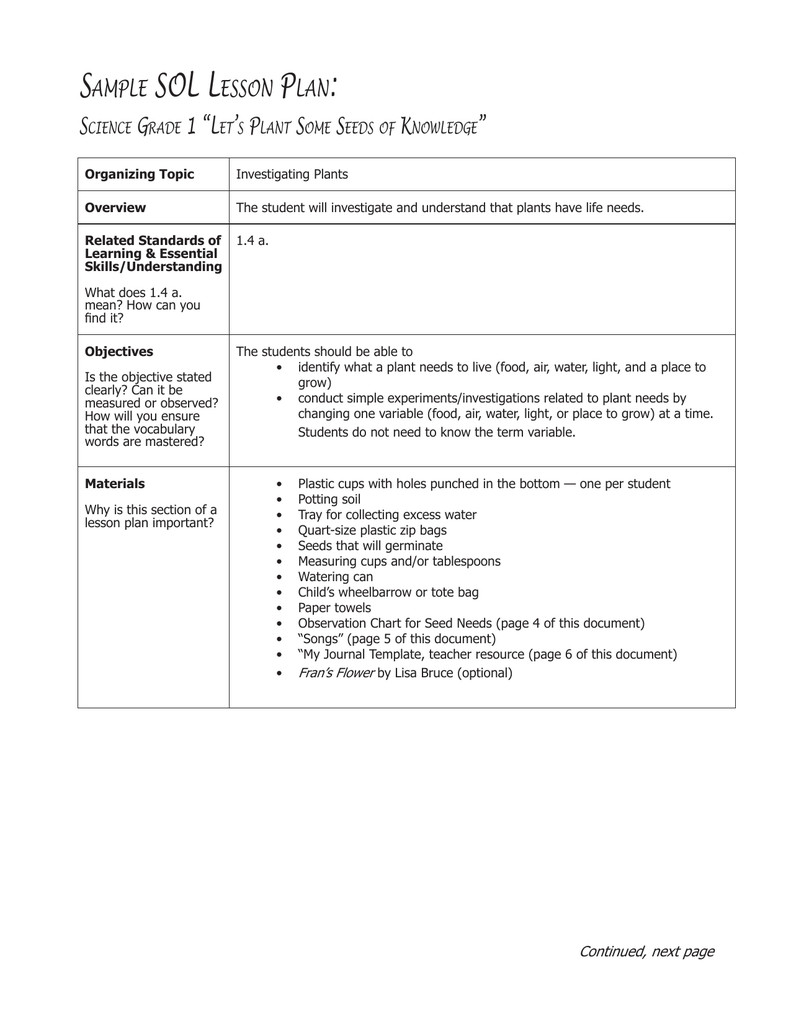 Lesson Plan for Science Sample sol Less Plan Science Grade 1