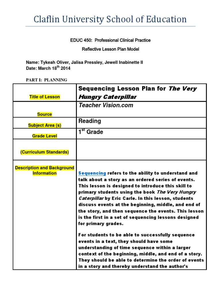 Lesson Plan Model Reflective Lesson Plan Model 450 Revised Edu 328