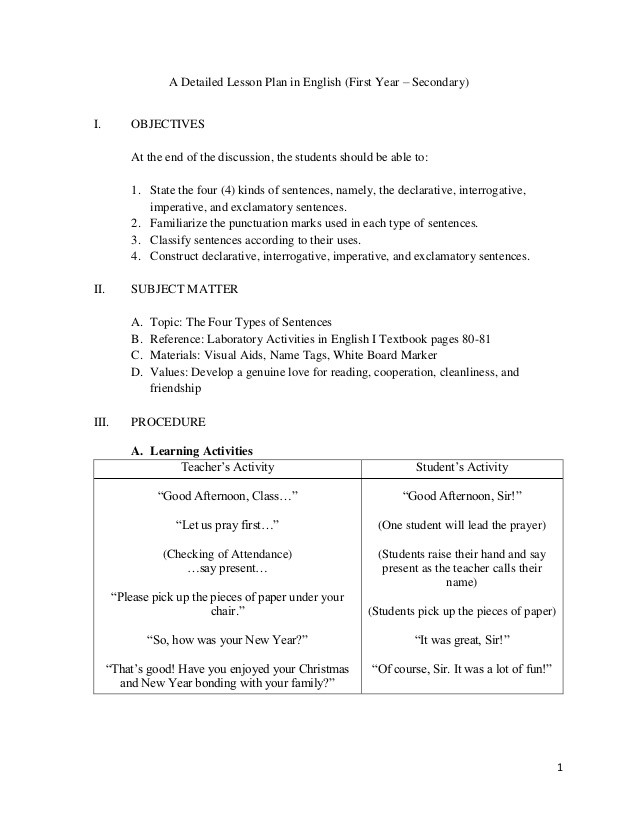 Lesson Plan Objectives Examples A Detailed Lesson Plan In English