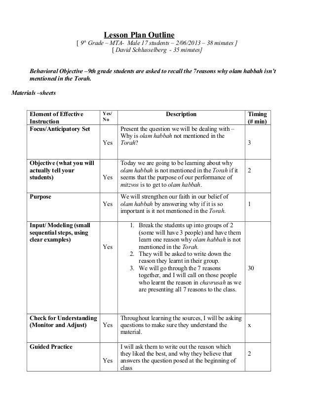 Lesson Plan Objectives Examples attitude Lesson Plan