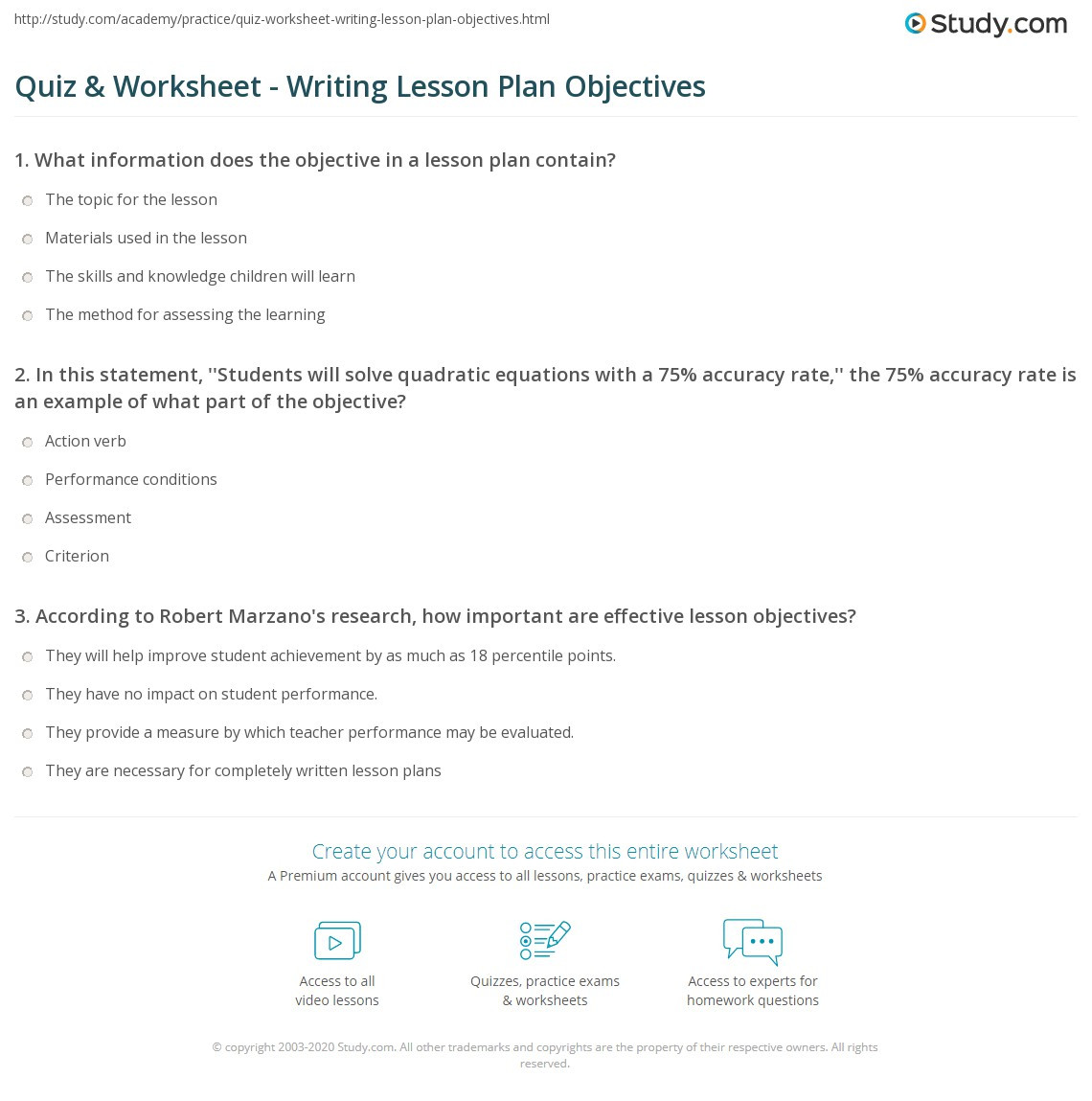 Lesson Plan Objectives Examples Quiz &amp; Worksheet Writing Lesson Plan Objectives