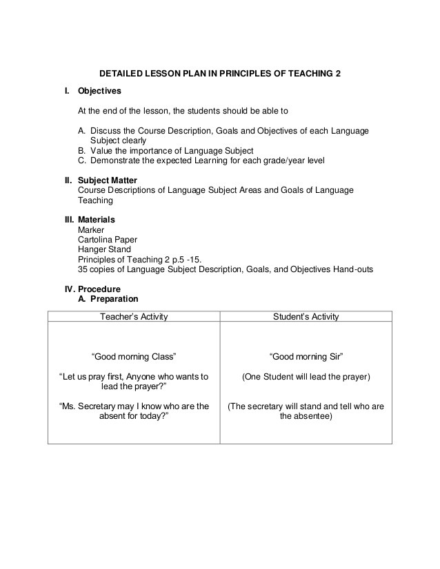 Lesson Plan Objectives Examples Sample Detailed Lesson Plan