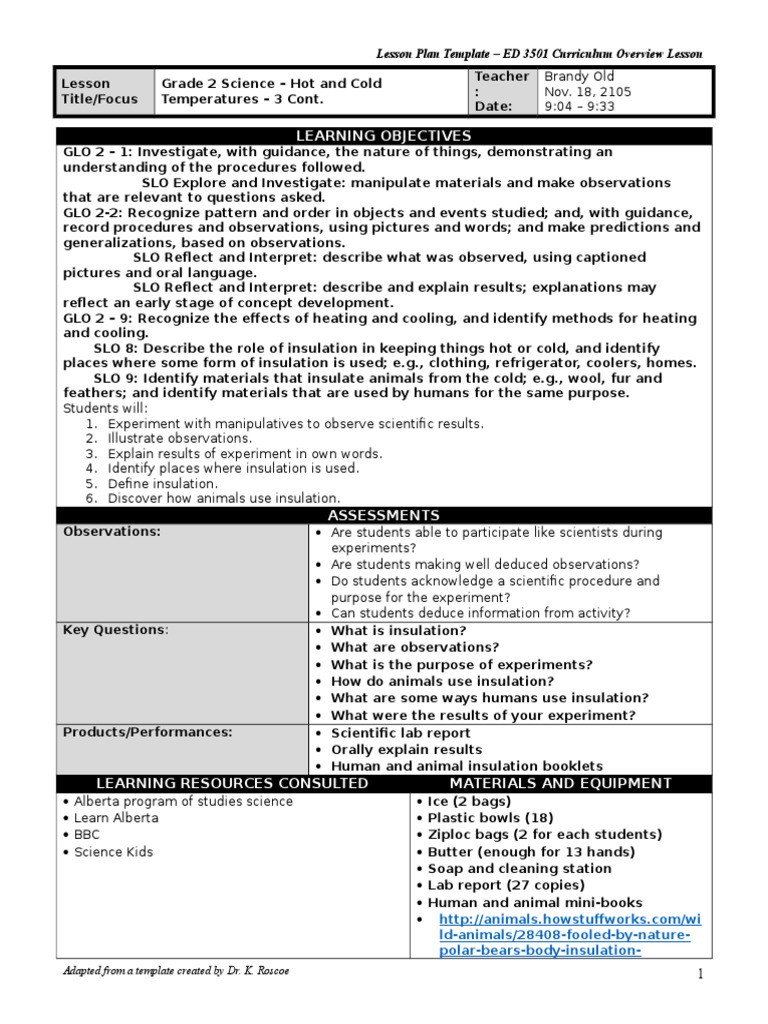 Lesson Plan Objectives Learning Objectives Lesson Plan Template – Ed 3501