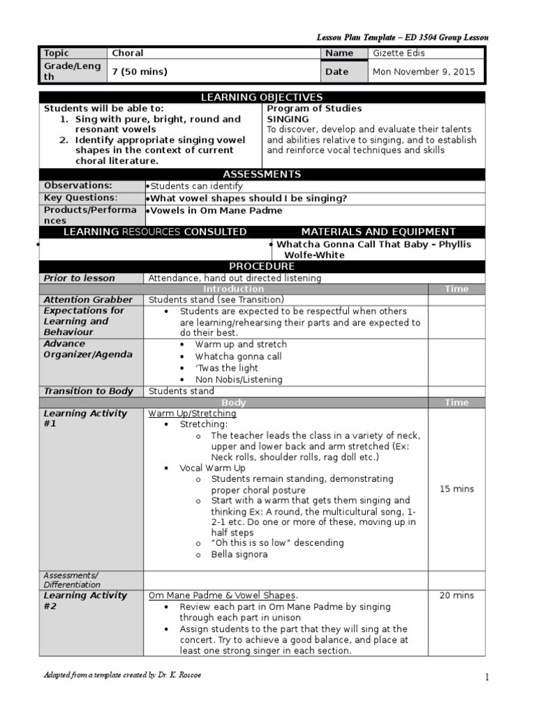 Lesson Plan Objectives Learning Objectives Lesson Plan Template – Ed 3504 Group