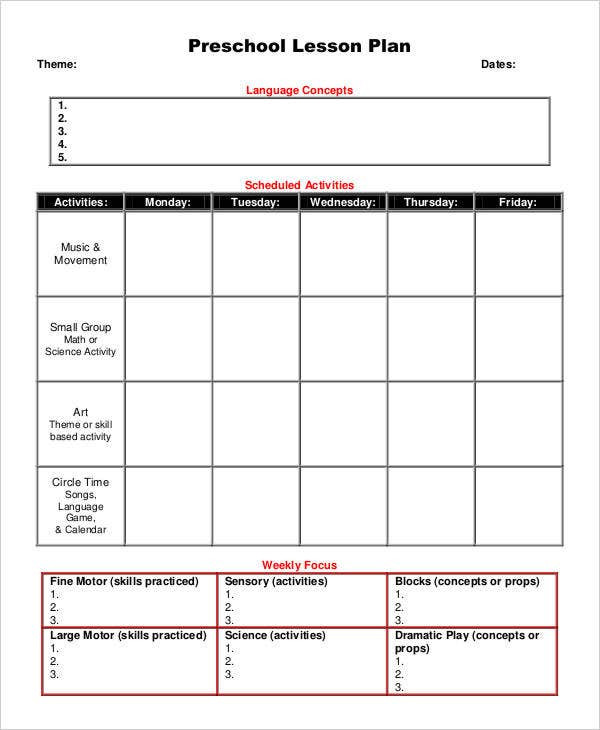 Lesson Plan Printable 11 Printable Preschool Lesson Plan Templates Free Pdf