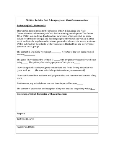 Lesson Plan Rationale Rationale Template for Ib English Language and Literature