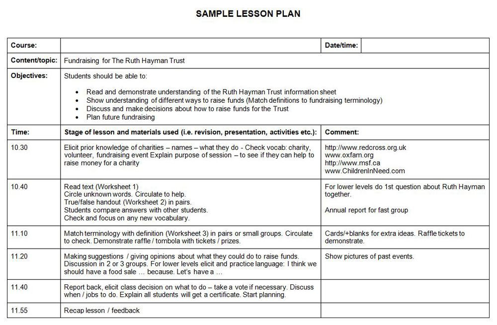 Lesson Plan Sample Sample Lesson Plan — Ruth Hayman Trust