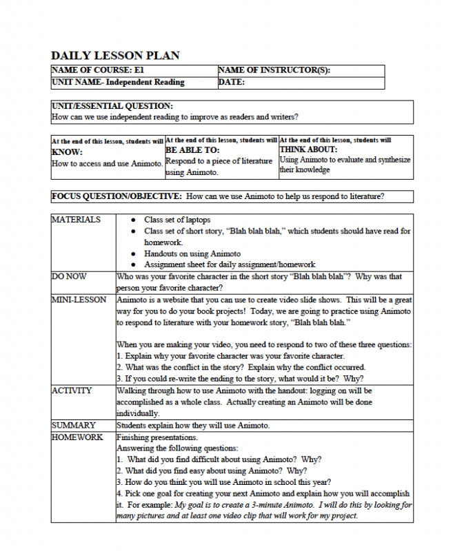 Lesson Plan Template Example Lesson Plan format
