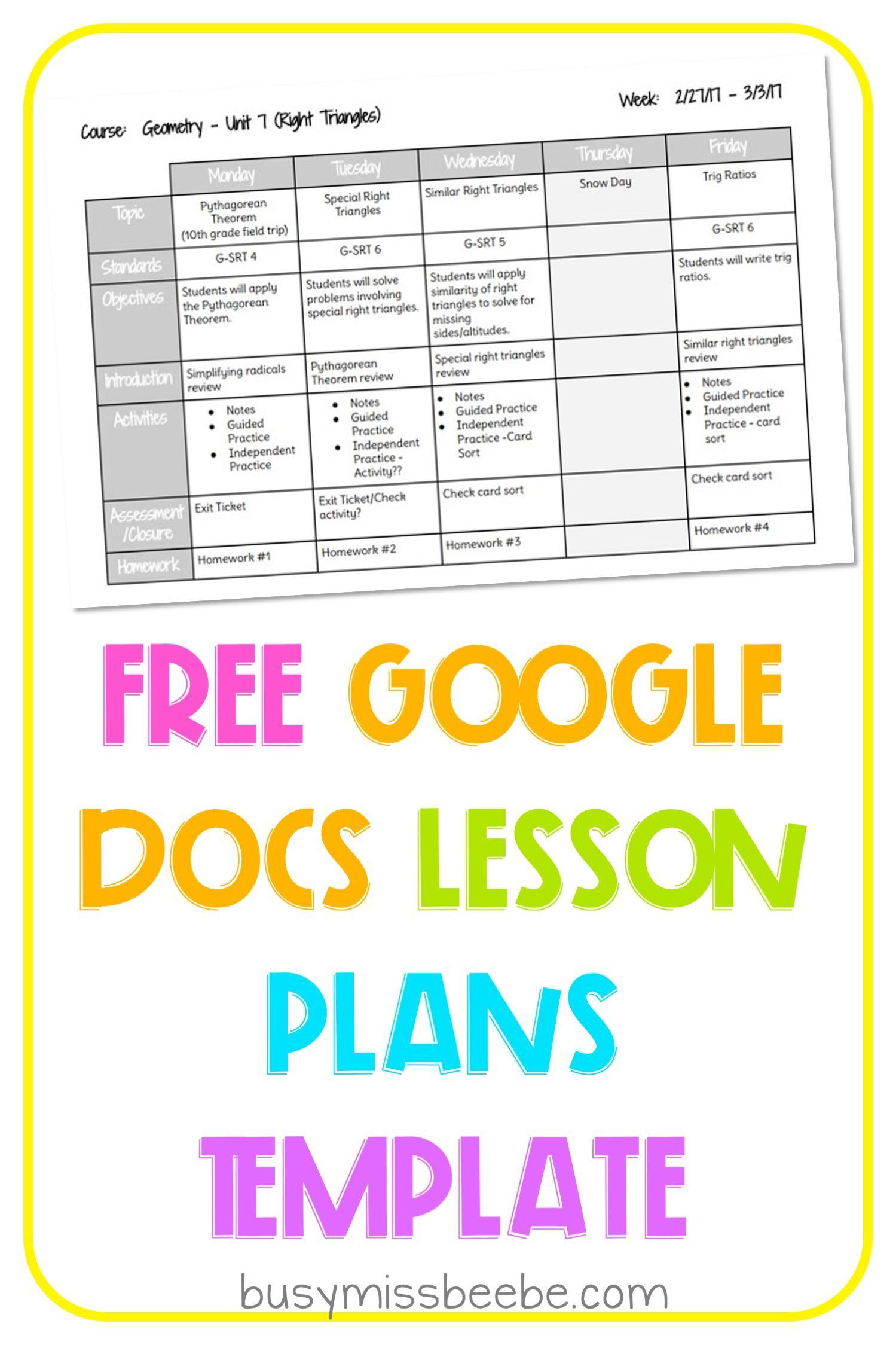 Lesson Plan Template Google Docs Free Lesson Plan Template In 2020