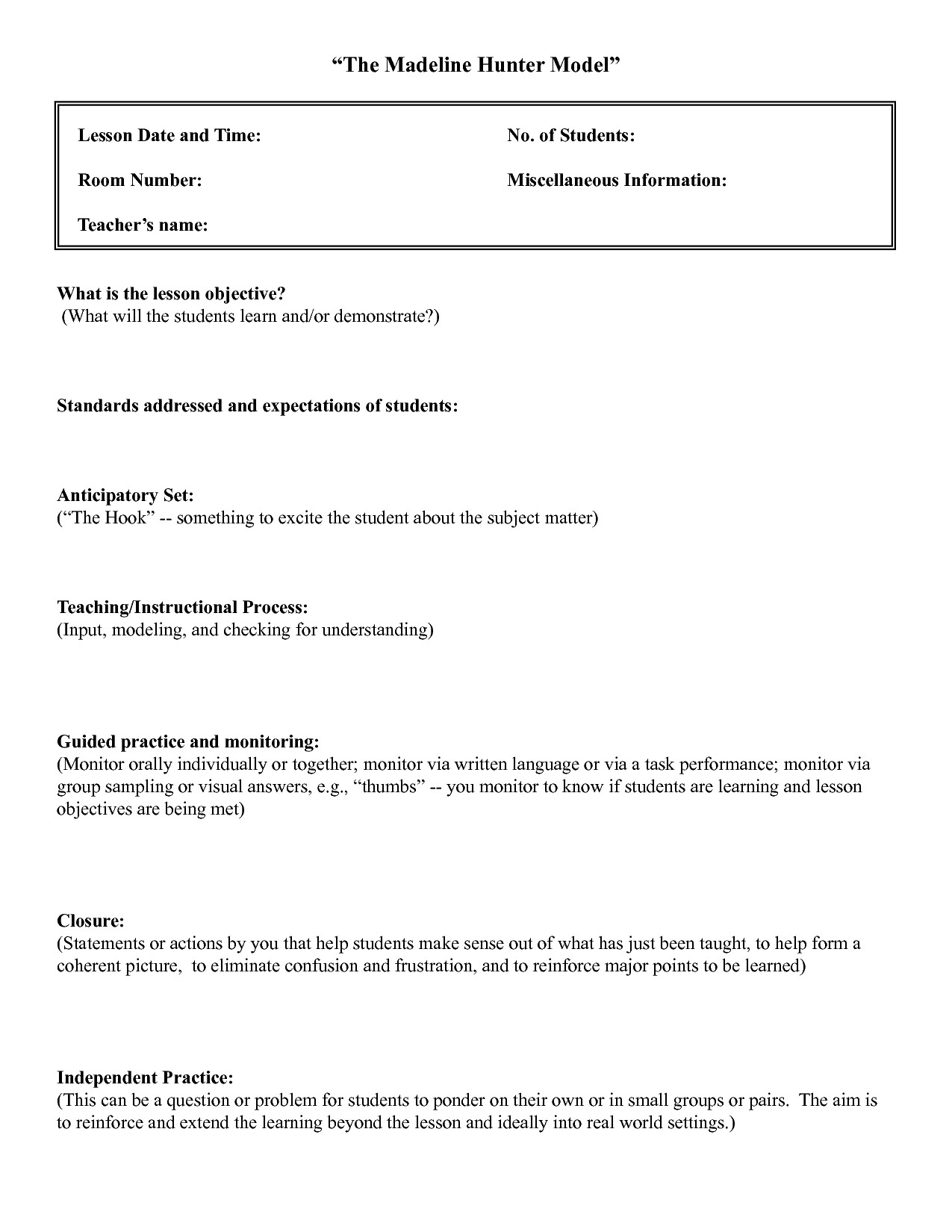 Madeline Hunter Lesson Plan 12 13 Lesson Plan Template for Adults Lascazuelasphilly