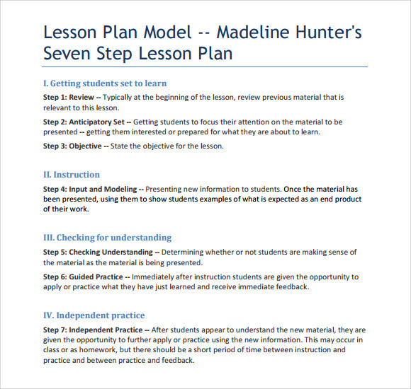 Madeline Hunter Lesson Plan Example Free 11 Sample Madeline Hunter Lesson Plan Templates In