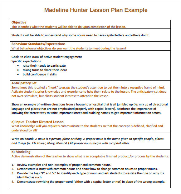 sample madeline hunter lesson plan template
