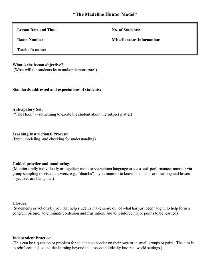 Madeline Hunter Lesson Plan Example Madeline Hunter Lesson Plan Template Twiroo