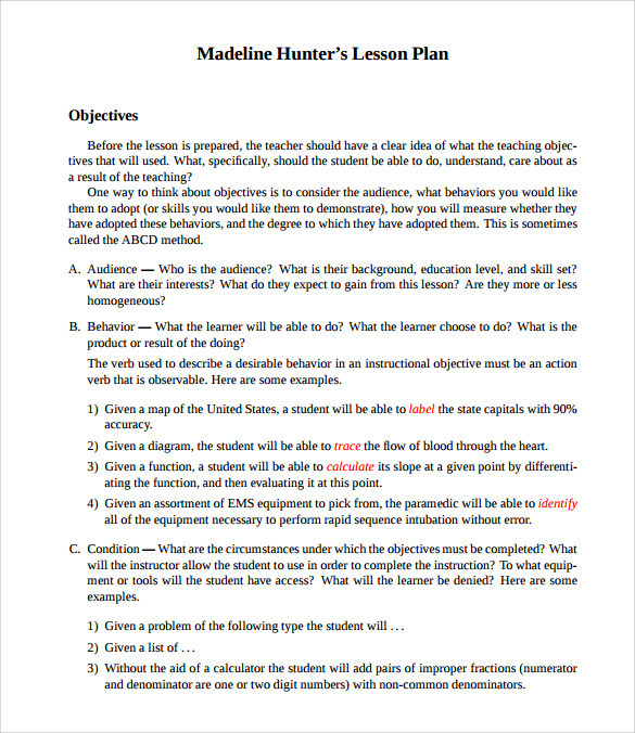 Madeline Hunter Lesson Plan Example Sample Madeline Hunter Lesson Plan Templates – 10 Free