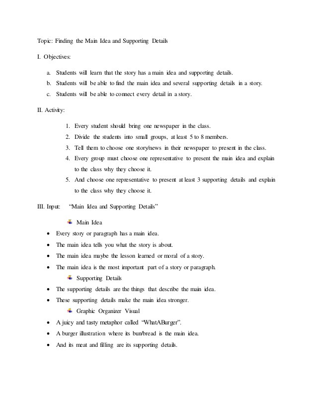 Main Idea Lesson Plan Finding the Main Idea and Supporting Details Lesson Plan