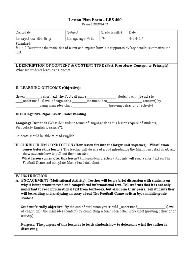 Main Idea Lesson Plan Lesson Plan form Main Idea Lesson Plan