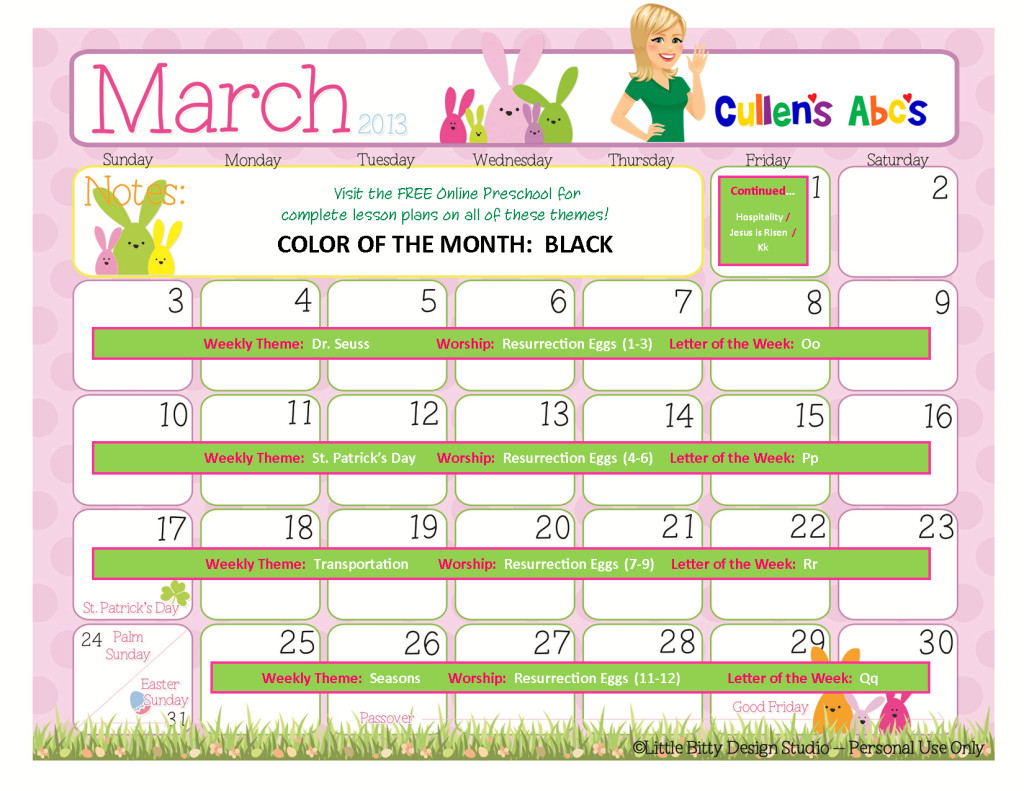 March Lesson Plans for Preschool March 2013 Free Line Preschool Calendar