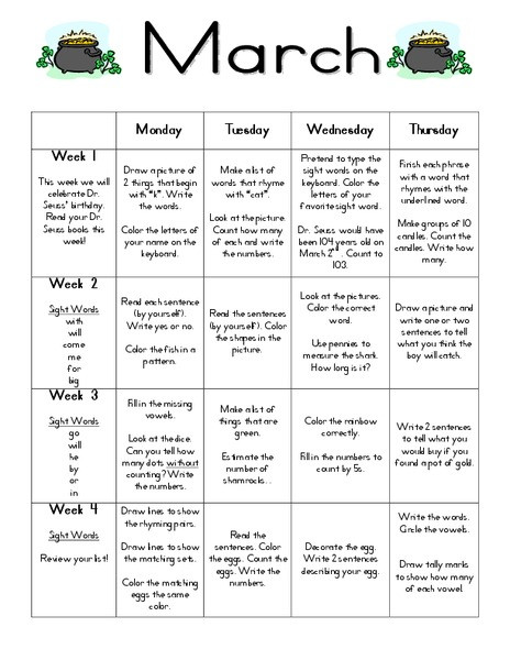 March Lesson Plans for Preschool March Daily Activities Lesson Plan for Kindergarten 2nd