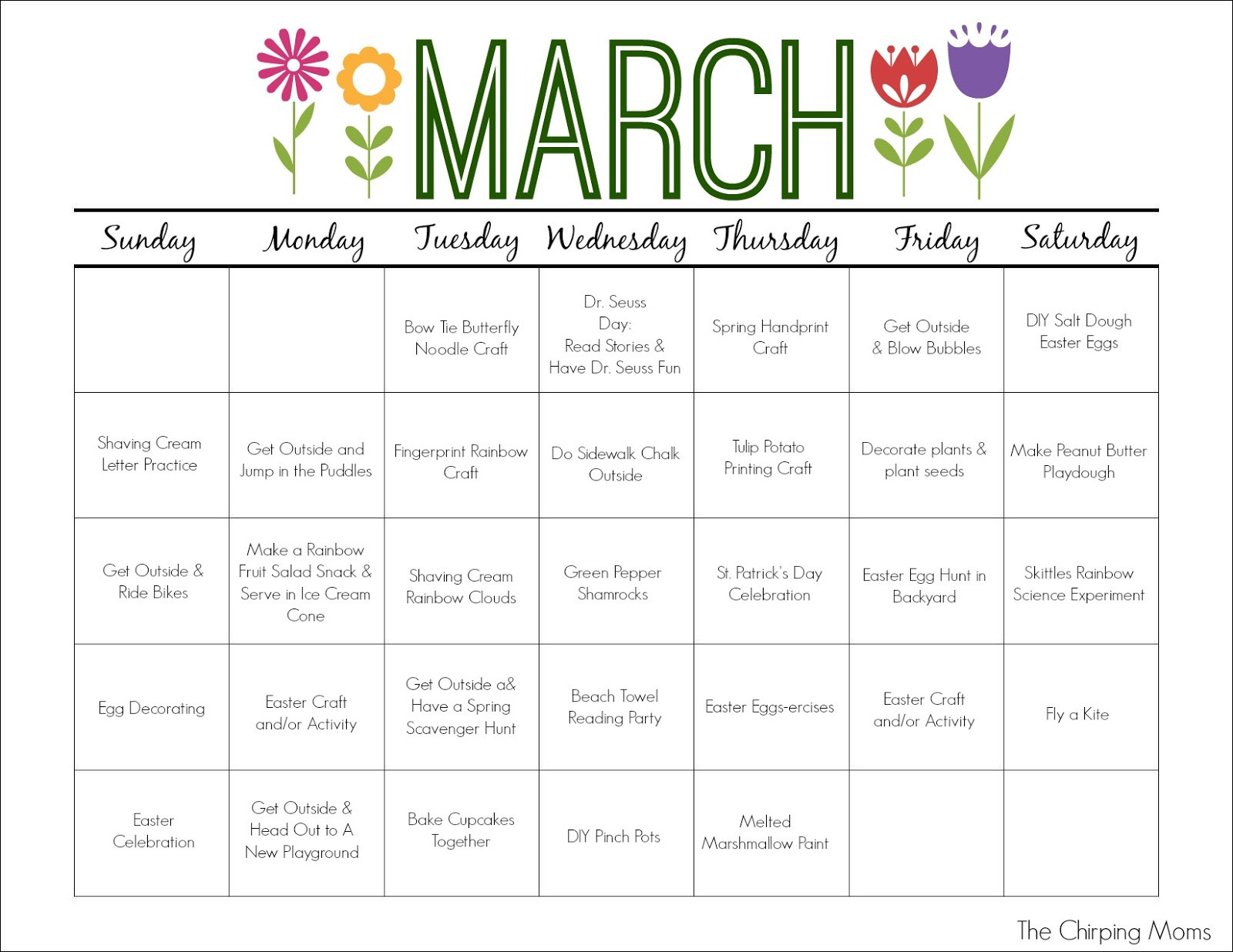 March Lesson Plans for Preschool March Printable Activity Calendar for Kids the Chirping Moms