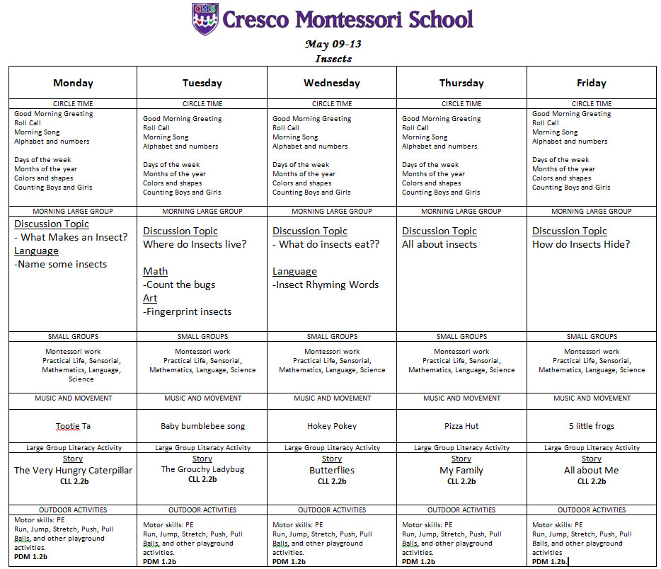 Montessori Lesson Plans Pre Primary Lesson Plan May 9 – 13