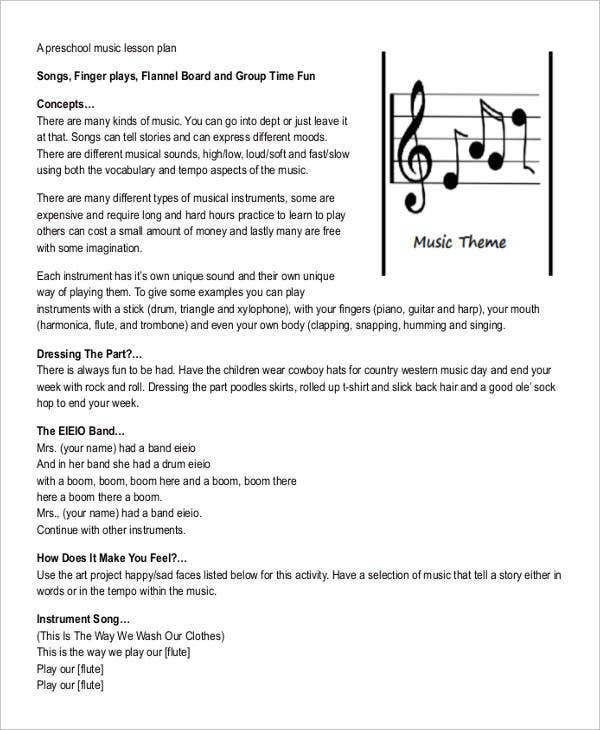 Music Lesson Plans for Preschool 11 Printable Preschool Lesson Plan Templates Free Pdf