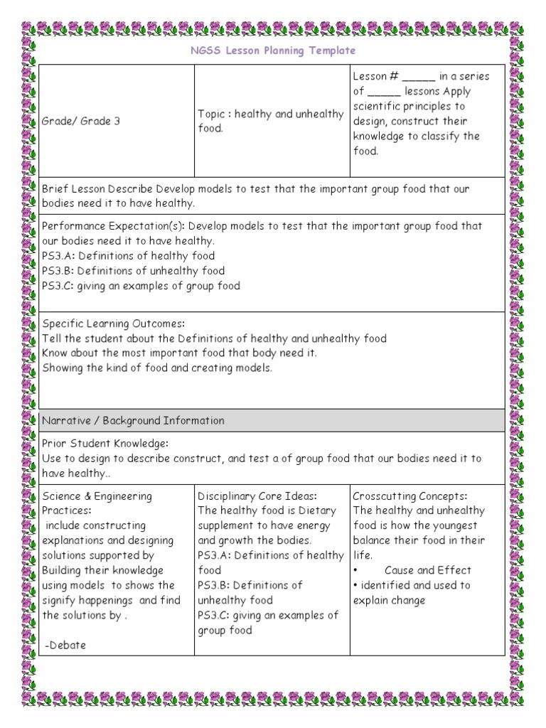 Ngss Lesson Plans 5e Ngss Lesson Planning Template 0 Food Group