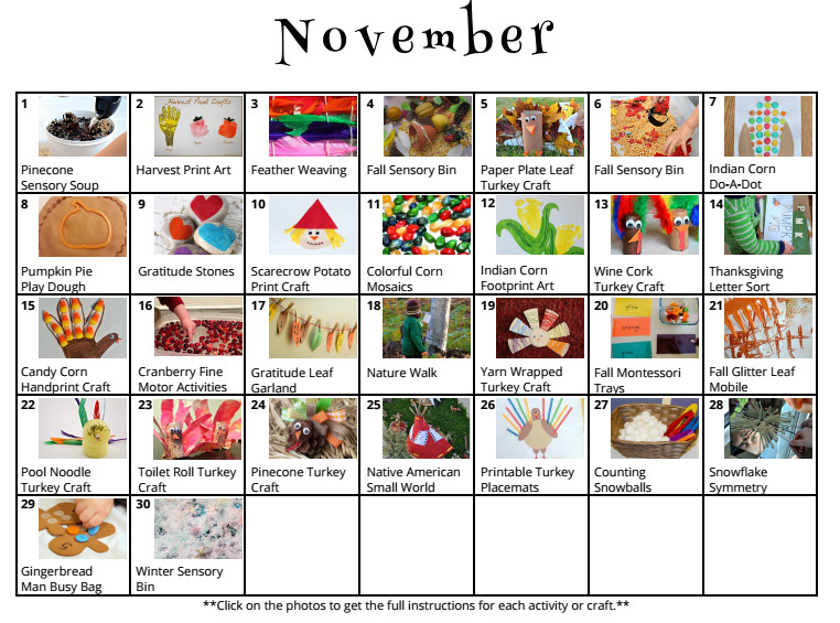 November Lesson Plan themes 30 Days Of Kids Activities for November Free Activity